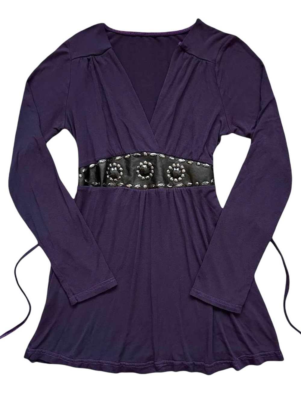 Y2K 2000s Vampy Purple Tie-Back Long Sleeve V-Neck Top w/ Faux Leather Waistband